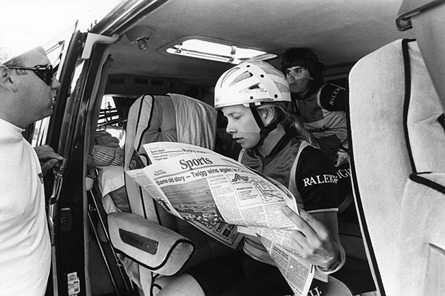 Riders catch up on the news before the start of the Idaho Statehouse Critereium in downtown Boise, Idaho in 1987.