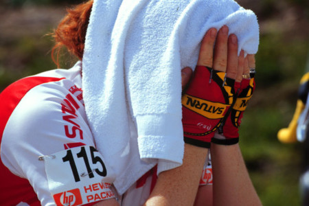 Clara Hughes shows the effects of a hard day of racing in the 2000 race.