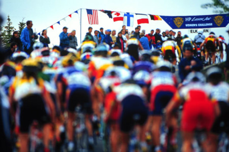 The peloton rides through the start finish at the Elkorn circuit race in 2000.