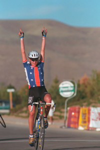 Dede Demet celebrates her win in the 1994 Columbia Village circuit race.