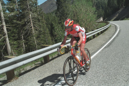 Linda Jackson climbing Galena Summit in 1997.