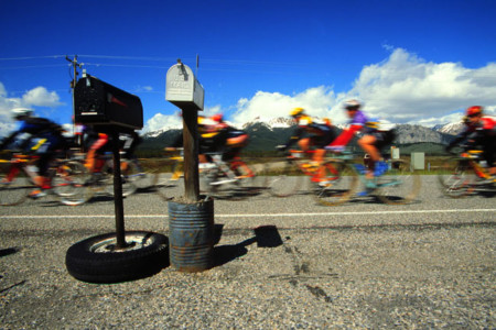 The peloton rides along highway 75 between Stanley and Ketchum in 1998.